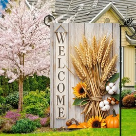 BlissYard Thanksgiving Fall Garden Flag 12x18 Inch Welcome Wheat Sunflower Cotton Flag Double Sided Rustic Autumn Yard Banner for Porch Lawn Patio Seasonal Decor