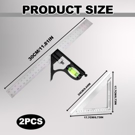 2-Piece Set Square Tool, Combination Square, Incl 11.81inch/300mm Set Square Carpentry With Spirit Level and Silver 170mm Imperial Triangle Ruler At 90 Degrees for Engineer Woodworking Framing