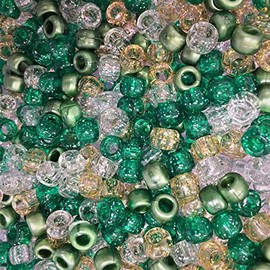 100 x Pony Beads 9x6mm Green Glitter Sparkle Mix - Plastic Barrel Craft Beads