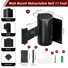kaiyomi 11 Feet Fixed Wall Mount Retractable Belt, Stainless Steel Spring Expansion Belt, Crowd Control Barriers with Black Steel Case (Black Belt)