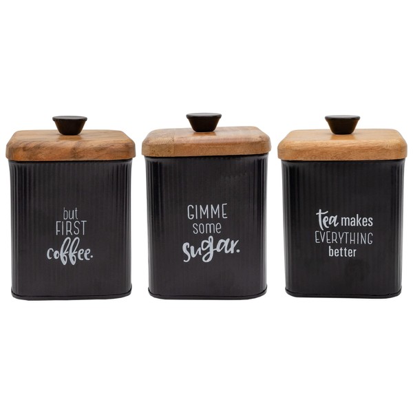 AuldHome Farmhouse Black Enamelware Canisters (Set of 3); Storage Containers for Coffee, Tea and Sugar in Black Enamel and Wood Design