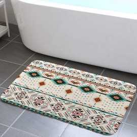 Aztec Southwestern Native Tribal Navajo American Ethnic Bath Rugs for Bathroom, Boho Abstract Triangular Geometric Vintage, Non Slip Flannel Bathroom Rug, Dry Fast Water Absorbent Bath Mats