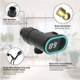 Hibbent Upgraded Metal Shower Head Holder with LED Display Thermometer, Adjustable Shower Arm Mount for Handheld, Universal Handheld Bracket, Solid Brass Ball, Oil-Rubbed Bronze