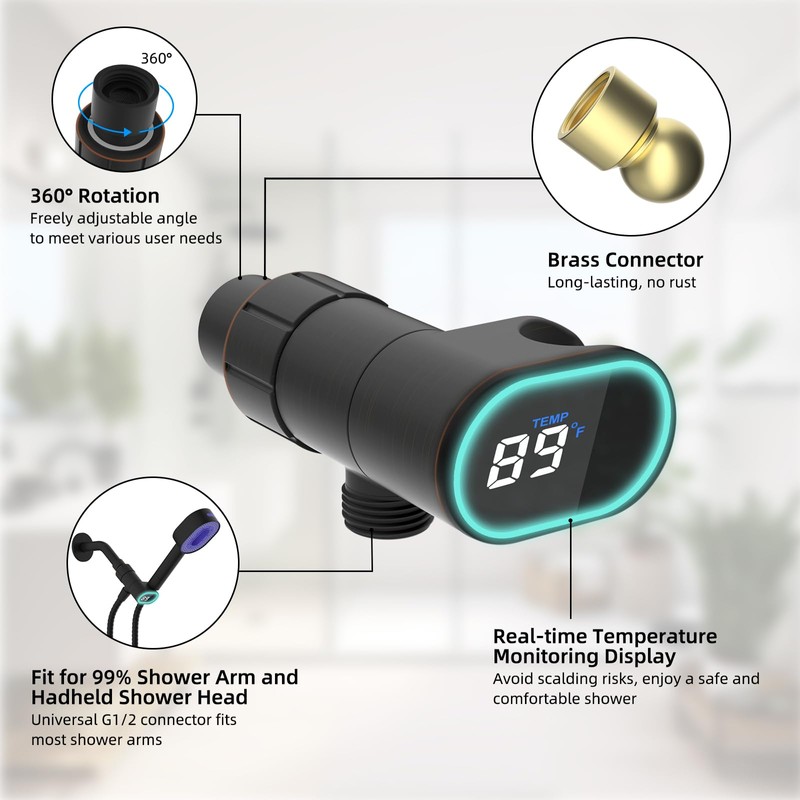 Hibbent Upgraded Metal Shower Head Holder with LED Display Thermometer,