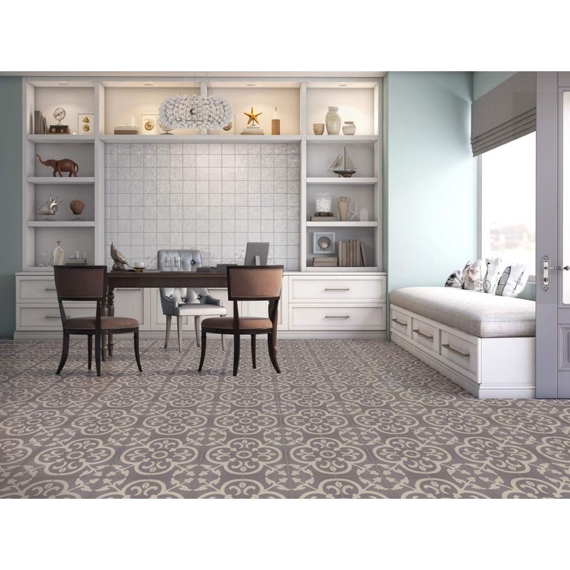 Flora Encaustic Soft Gray White 8x8 Satin Glaze Ceramic Tile