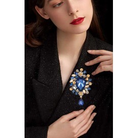 Rhinestone Brooch for Women Crystal Teardrop Flower Brooch Pin Vintage Wedding Bridal Brooch Big Rhinestone Bouquet Brooch Pin Elegant Clothing Hat Bag Accessories (Blue)