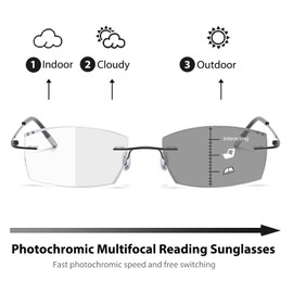Photochromic Progressive Multifocus Reading Glasses Blue Light Blocking Diamond Cut Rimless Transition Sunglasses For Men Women Multifocal Titanium Eyeglasses 1.5 Multifocus Readers With Spring Hinge