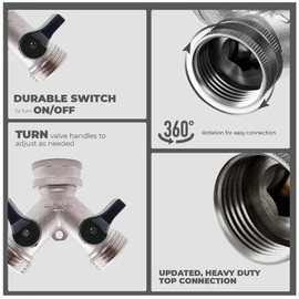 JasCherry 2-Way Y-Splitter for Outdoor Tap, 2-Way Valve for Garden Hoses, 3/4 Inch AG, Nickel-Plated, with 2 Hose Connections and 2 Rubber Discs Silver
