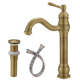 BATHLAVISH Antique Brass Vessel Sink Faucet 360° Swivel for Bathroom Bowl Sink Single Hole Farmhouse Tall Commercial Vanity with Pop Up Drain Without Overflow Combo