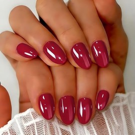 SXVME Uñas postizas cortas ovaladas rojas cromadas, 32 piezas de uñas postizas gruesas y bonitas con acabado brillante y diseño de espejo, uñas almend