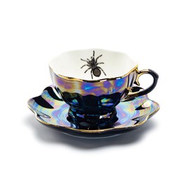 Grace Teaware Spider Black Gold Luster Tea Cup and Saucer with Gold Trim