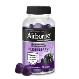 Airborne Elderberry + Zinc & Vitamin C Gummies For Adults, Immune Support Vitamin D & Zinc Gummies With Powerful Antioxidant Vitamins C D & E - 50 Gummies, Elderberry Flavor