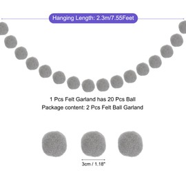 QUARKZMAN Pack of 2 Felt Ball Garland, Grey Pom Pom Garlands, Hand Balls, 7.55 ft Long, 20 Balls, Party Banner Decoration for Christmas, Birthday, Party Decoration