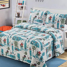 3 pc Full/Queen Size Quilt Bedspread Kids/Teens Boys Octopus Whale Shark Fishes Pirates Anchor Bottle White Green Aqua Blue Multicolor Bedding New