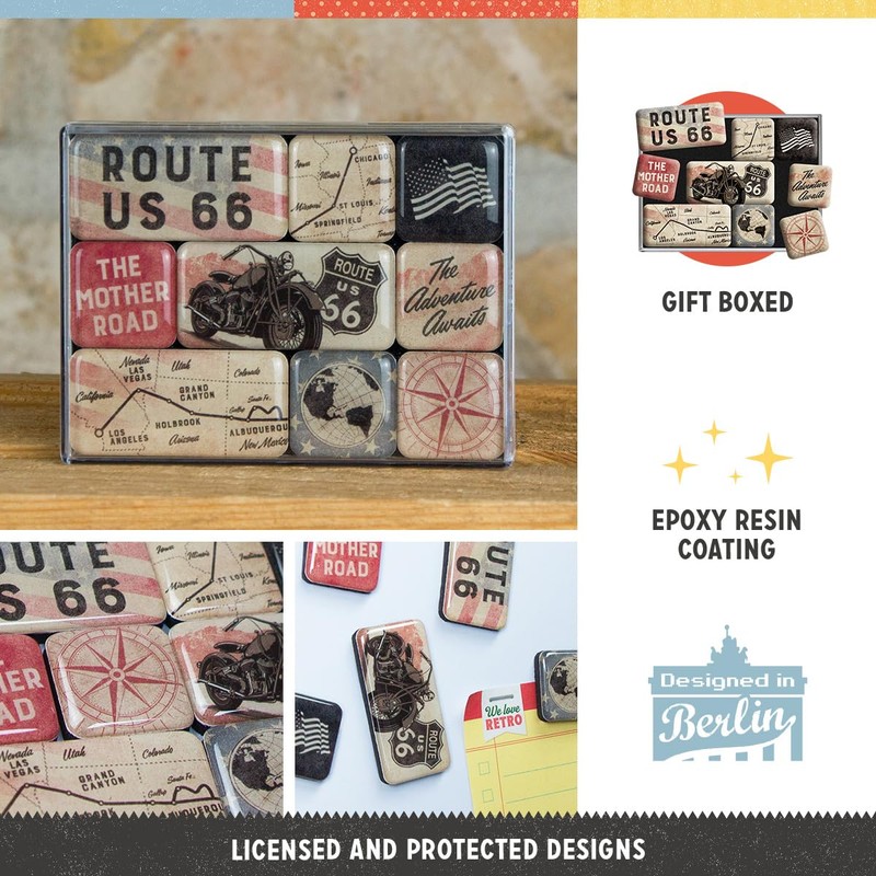Nostalgic-Art RETRO FRIDGE MAGNETS 9 PACK ROUTE 66 BIKE MAP