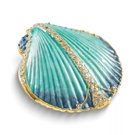 Luxury Giftware by Jere Bejeweled CYAN Blue Clam Shell Trinket Box Matching 18 inch Necklace