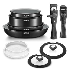 BEZIA Induction Cookware with Healthy Ceramic Coating, Nonstick Pots and Pans Set 10pcs with Detachable Handles, Induction RV Kitchen Set with Removable Handles, Oven Safe