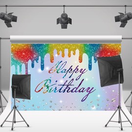 LOONELO Happy Birthday Banner Backdrop Decorations with 70.8"X43.3", Happy Birthday Dripping Glitter Shinning Diamond Banner Sign Photography Background for Birthday Decorations Party Supplies