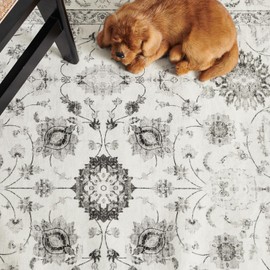 jinchan Area Rug 3x5 Oriental Washable Rug Vintage Floral Carpet Non Slip Retro Distressed Mat Thin Country Boho Floor Cover Farmhouse Carpet for Kitchen Living Room Bedroom Dining Room Grey