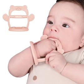 Korean-Made PETINUBE Baby Wrist Teether – Silicone Anti-Drop Teething Toy for Babies 3+ Months (Bear Pale Peach)