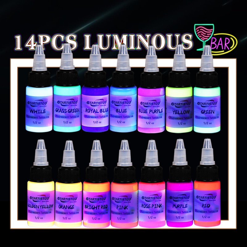 14 Color Tattoo Ink Set 1/2(15ml)/Bottle GTARTISTOO Professional Tattoo Fluorescent