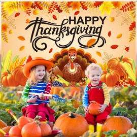 Happy Thanksgiving Backdrop Banner, 6X4FT Fall Backdrops for Photography Turkey Pumpkin Maple Leaves for Fall Party Decorations, Thanksgiving Party Decorations for Home Outside Office Porch Decor