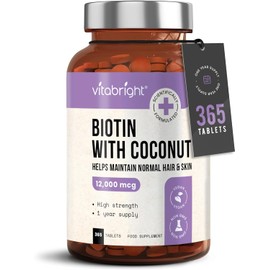 VitaBright Biotin Hair Growth Vitamins, 12000 mcg Biotin Tablets, 365 Vegan Biotin Tablets, Support Hair Growth, Hair Skin & Nails Vitamins for Hair Loss for Women & Men, Biotin Supplements + Coconut, Made in UK