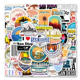 63Pcs California San Diego Stickers San Diego Souvenirs City Travel Sticker Aesthetics Scrapbook Sticker Waterproof Vinyl for Laptop, Water Bottle, Skateboard, Scrapbooking, Party Favors