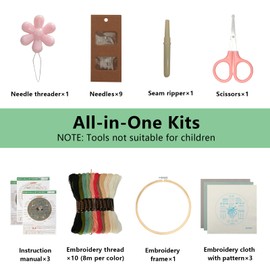 VINATO Kit Ricamo Principianti, Completo con 30 Punti, Telaio Bambù e Guide, Set Ricamo per Hobby Creativi, Pratica e Regalo Ricercato, Starter Kit per Adulti