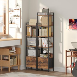 MAHANCRIS Bookshelf, 5-Tier Bookcase with Drawer, Small Book Shelf for Small Space, Storage Shelf Organizer, for Living Room, Bedroom, Study, Kitchen, Rustic Brown and Black BKHR55101