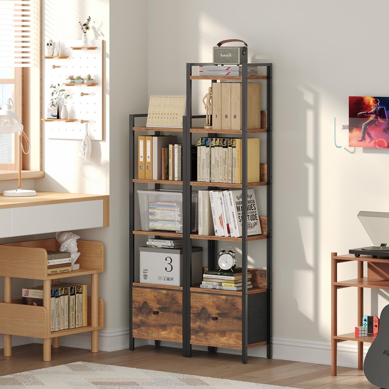 MAHANCRIS Bookshelf, 5-Tier Bookcase with Drawer, Small Book Shelf for