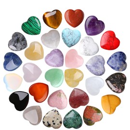 ZHIYUXI 30 Pcs Heart Crystal Stones Amethyst Rose Quartz Tiger's Eye Crystal Hearts Worry Stone Gemstones and Crystals Set Crystals Healing Crystal Gifts Energy Balance Meditation Reiki Decoration