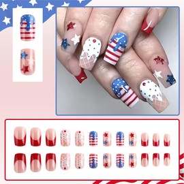 24Pcs 4th of July Independence Press on Nails Short Square Fake Nails Press ons Red French Full Cover Acrylic False Nails Stripe Star Ice Cream Design Glue on Nails for Women Manicure Decoration