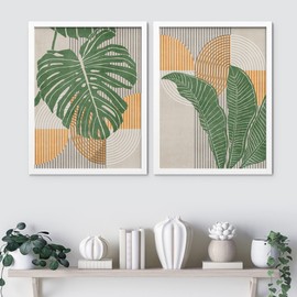 SIGNWIN Framed Mid-Century Tropical Monstera Palm Leaf Wall Art, Set of 2 Landscape Abstract Geometric Wall Décor Prints, Nature Wilderness Wall Décor for Living Room, Bedroom - 12"x16" White