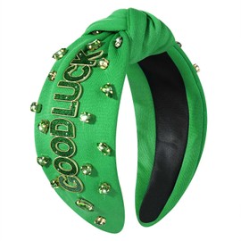 HZEYN St Patricks Headband Green Shamrock Headband Jeweled Crystal Embellished Knotted Headband Irish Costume Headwear Hair Accessories(Green-Good Luck)