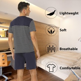 GAESHOW Mens Pyjamas Sets Cotton Short Sleeves Pjs Sleepwear Summer Pyjamas for Men Loungewear Pjs T-Shirt Top & Shorts Bottoms with Pockets Navy