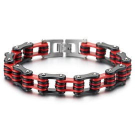 COOLSTEELANDBEYOND Steel Biker Bracelet for Men, Masculine Motorcycle Chain Style, Black Red Bike Link High Polished