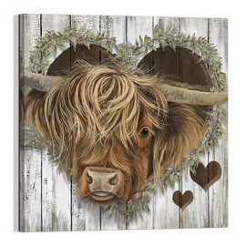 YUEYARIT Highland Cow Decor Canvas Print Art Farmhouse Picture Gifts to Hang in Bathroom, Diningroom, Livingroom, Office, Bedroom, Kitchen 12.00" x 12.00"