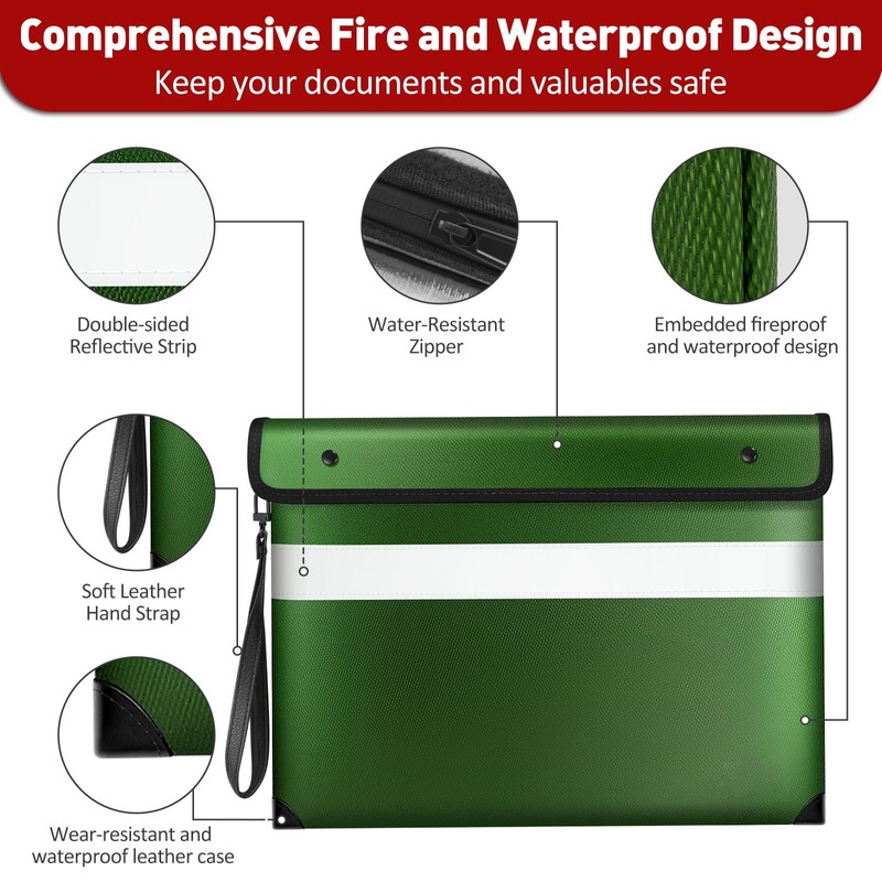Fireproof Document Bag with Water Resistant Zipper（13.9"x10.6"）,6200°F Heat Insulated Fire
