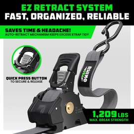 Rhino USA Retractable Ratchet Straps (2-Pack) - 1 Inch x 10 Feet (1,209lb Break Strength) - Auto Self Retracting Tie Down Straps for Truck, Cargo Trailer, Motorcycle, ATV, UTV - Gray