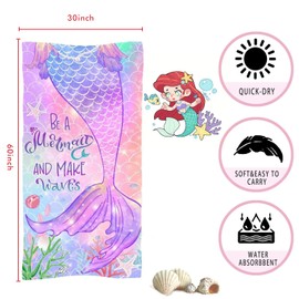 EVBEA Beach Towels for Kids Mermaid Microfiber Absorbent Quick Dry Bath Sheets Towels Size 30"*60" for Girls Women Teens Cool Pool Towel for Swimmer with Bands for Beach Chairs