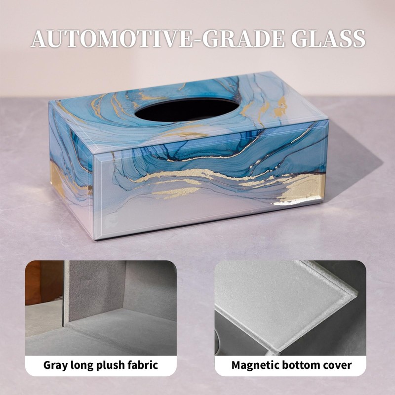 Timetrace Tissue Box Cover, Swirled Blue & Gold Marble Glass