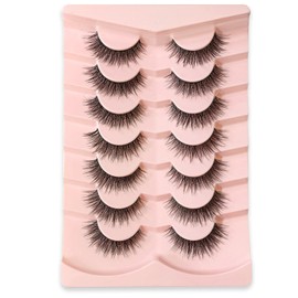 Faux Mink Eyelashes 8-10mm with Clear Band, 100% Handcrafted, Fluffy Voluminous Cat - Eye Lashes, 7 Pairs Pack（XS082）