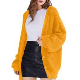 QUALFORT Women's Mustard Cardigan Sweaters for Women 100% Cotton Button-Down Long Sleeve Oversized Knit Outerwear Mustard Large