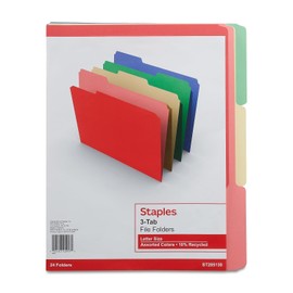 Staples 285130 Colored Top-Tab File Folders 3 Tab Assorted Colors Letter Size 24/PK