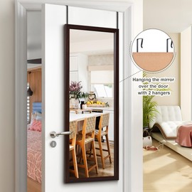 PexFix Door Mirror Full Length 51"x18" Over The Door Rectangle Sleek Brown Frame Space Saving Floor Mirror Dressing Hanging Wall Mounted Mirror