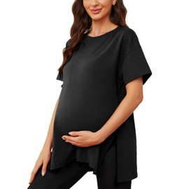 Liu & Qu Womens Maternity Shirts Short Sleeve Split Side Casual Pregnancy Clothes Crewneck Loose Maternity Tops Black