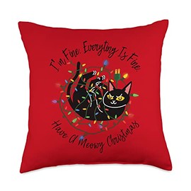 Christmas Lights I'm Fine Everything Is Fine Gifts Everything Is Fine Christmas Lights Funny Cat Xmas Throw Pillow, 18x18, Multicolor