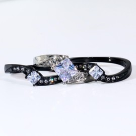 ringheart Couple Rings Black Matching Ring 1.5CT AAA CZ 3pcs Women Wedding Ring Sets for Him and Her Rings Men Band