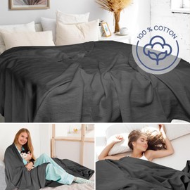JMR 100% Cotton Blanket - Lightweight Summer Blanket Queen Size (90x90) - Thermal Throw for Bed, Sofa, Summer and All Seasons (Charcoal Grey)